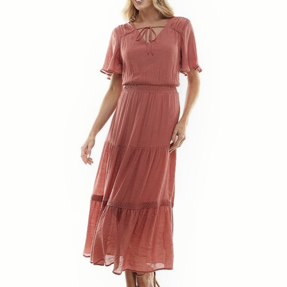 LUXOLOGY Tiered Short Sleeve Rust Terracotta Flowy Maxi Dress Size M